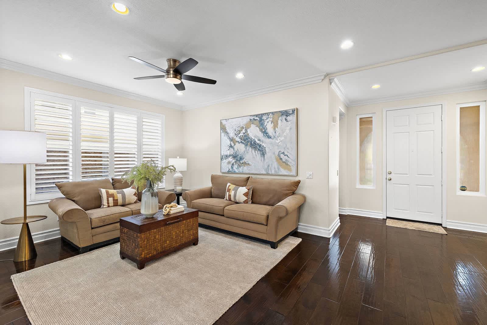Living room off the entry with plantation shutters at 5 Lyon Ridge, Aliso Viejo