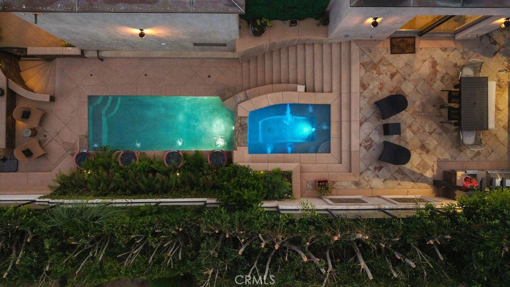 Aerial view of the pool and spa terrace at 740 Bolsana Drive, Laguna Beach