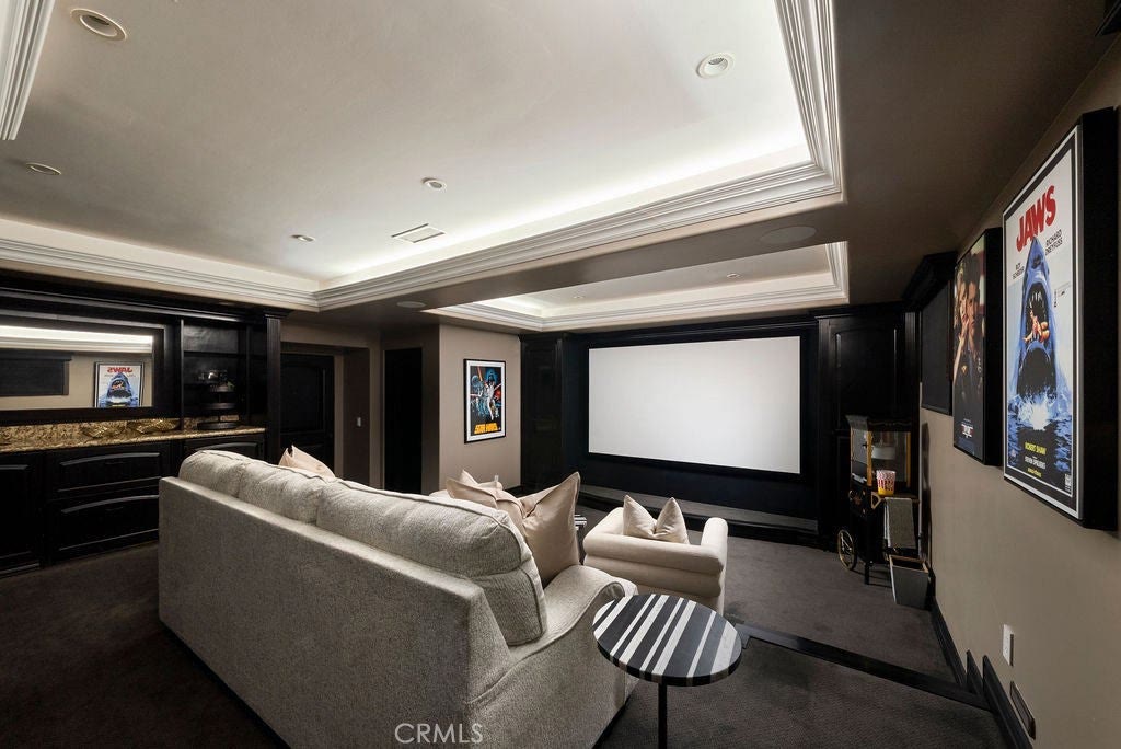 Media room set up as a private theater at 740 Bolsana Drive, Laguna Beach